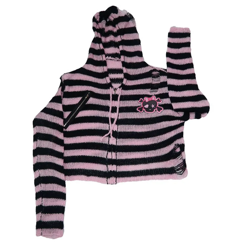 Women Sweater Harajuku Gothic Girl Skull Striped Knitted Punk Rock Zipper Loose Hooded Short Cardigan Chic Streetwear |