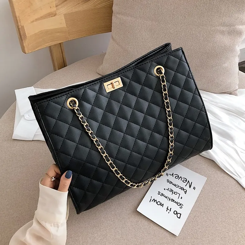 

Black Big Tote Bags for Women Chain Crossbody Bag Diamond Lattice Shoulder Bag Female Large Leather Plaid Shopper Handbags Sac