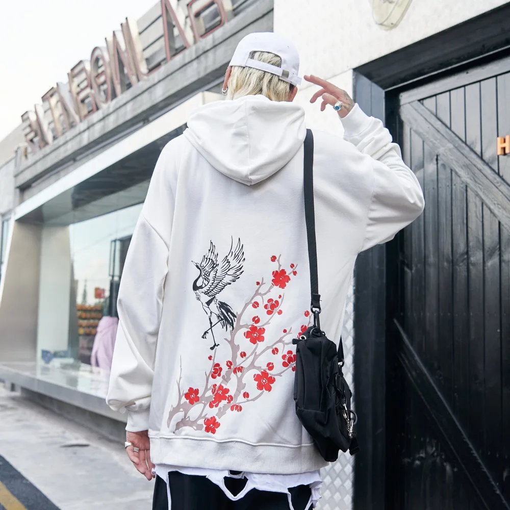 

Chinese Style Crane Peach Blossom Print Hoodies Sweatshirts Couples Streetwear Hip Hop Casual Hooded Pullover Tops Outerwear Men
