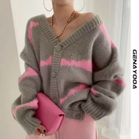 genayooa korean knitted cardigan women autumn winter 2021 v neck sweater kardigan long sleeve loose oversizd ladies cardigans