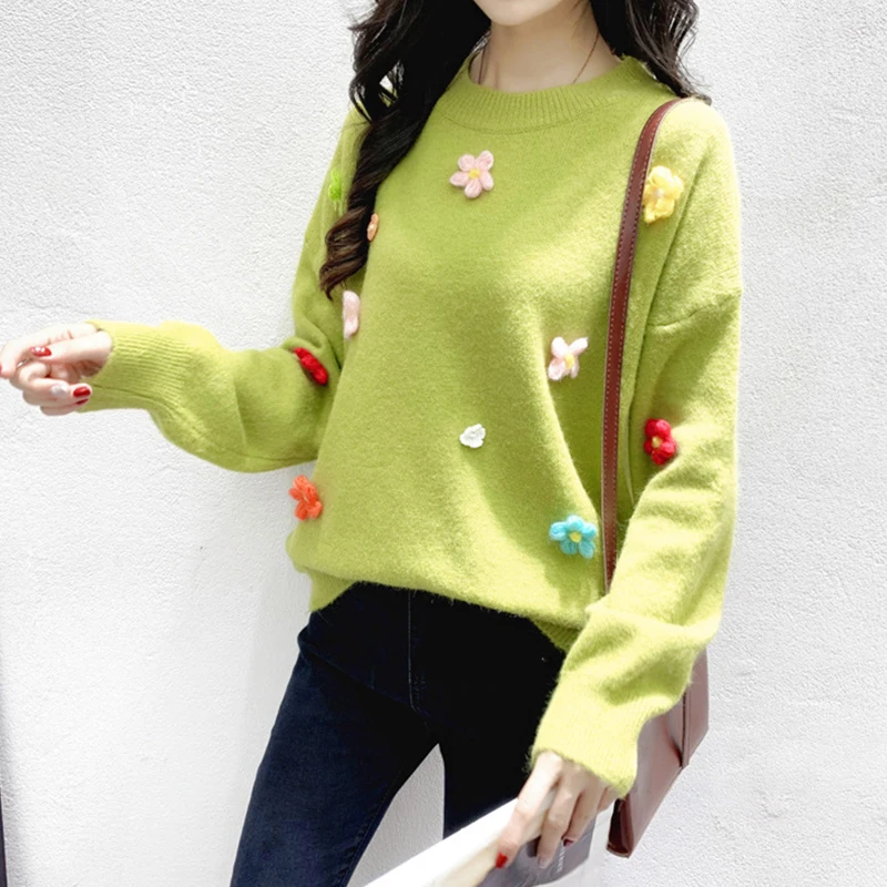 Женский Повседневный свитер с цветочной вышивкой женский длинным рукавом и