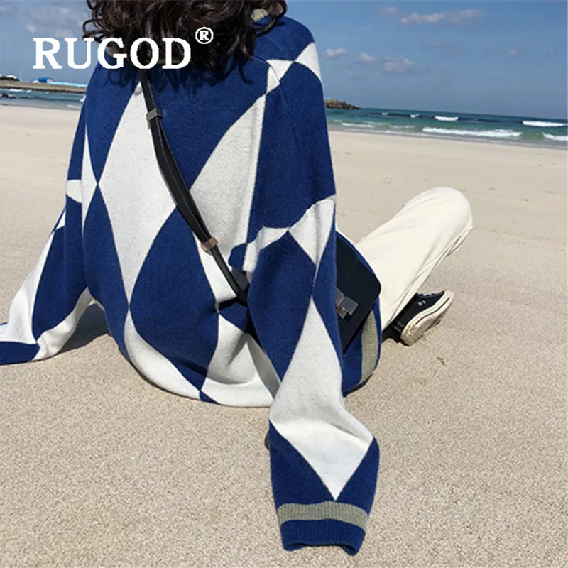 Женский винтажный свитер RUGOD Свободный пуловер с v-образным вырезом со стразами