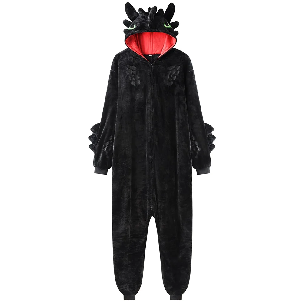 Anime Black Dragon Kugurumis Unisex Onesie Winter Warm Homewear Flannel Women Halloween Party Outfit Christmas Pajamas