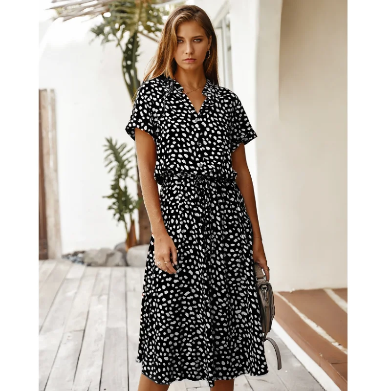 

2021 Summer Women Dress New Fashion V Collar Dot Design Casual Vintage Short Sleeve Temperament Female Loose Mid-length Dress