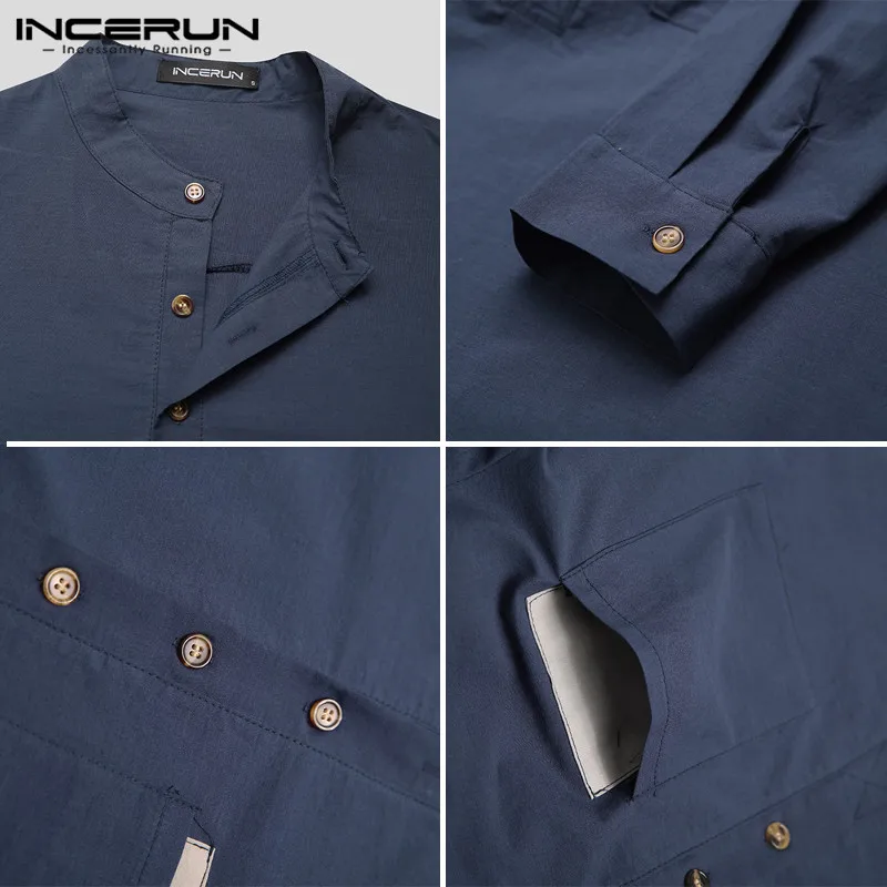 

INCERUN Men Shirt Brand Solid Color Long Sleeve Stand Collar Cotton 2021 Casual Business Shirts Chic Streetwear Camisas S-5XL