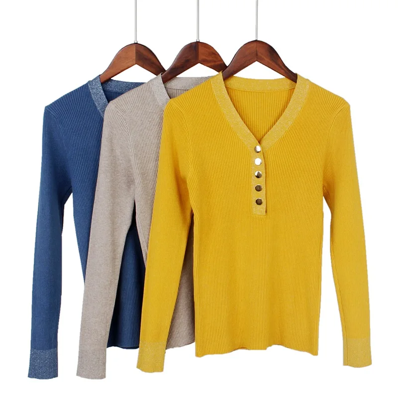 BYGOUBY V-Neck Glitter Women Pullover Sweater Spring Autumn Basic Sexy Knitted Jumper Top Rib With Button Female | Женская одежда
