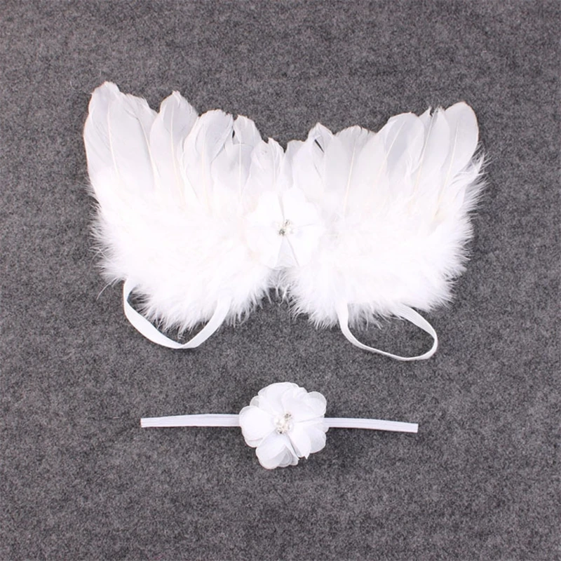 

Girl Newborn Baby Kids Flowers Feather Lace Headband & Angel Wings Photo Prop R9JD