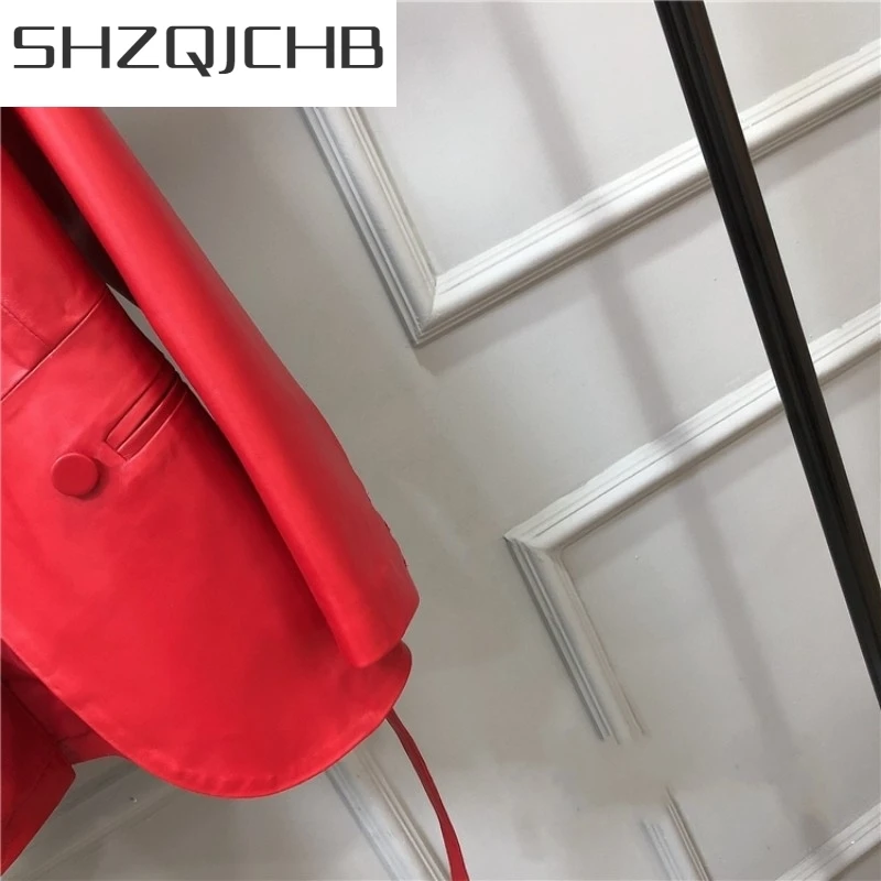 

JCHB 2021 Women Sashes Double Breasted Sheepskin Suit Coat Streetwear Retro Slim Fit 100% Genuine Leather Jacket OL Ladies Short