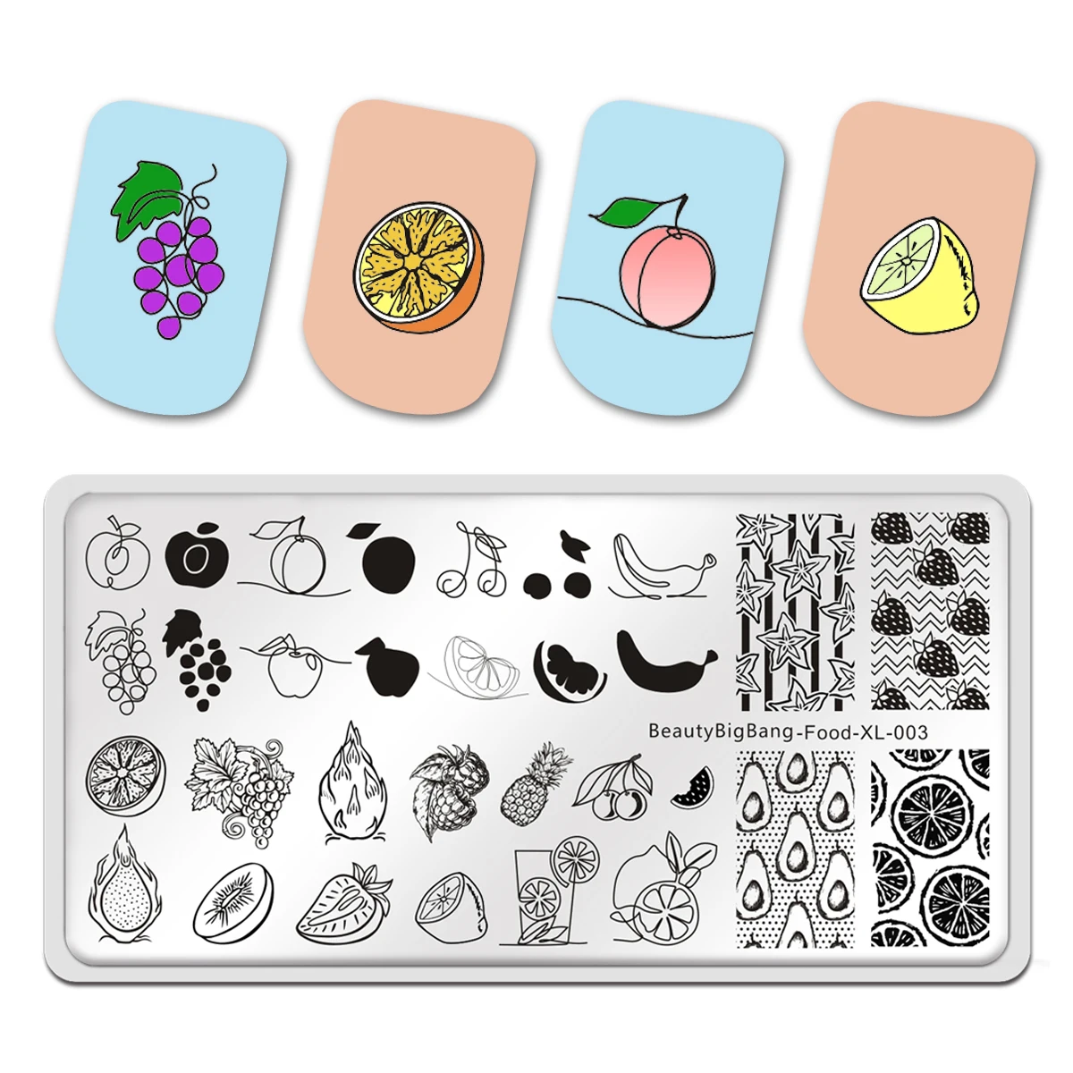

Трафарет Beautybigbang маникюрный с шаблоном, пластина для стемпинга ногтей, еда, 003, фрукты, авокадо, банан, клубника