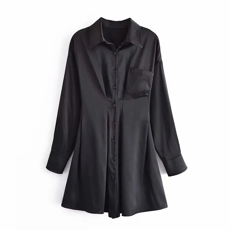 

Euro Women Fashion Turn Down Collar Black Touch Satin Shirt Dress Office Lady Chic Waist Pleat Casual Mini Vestido