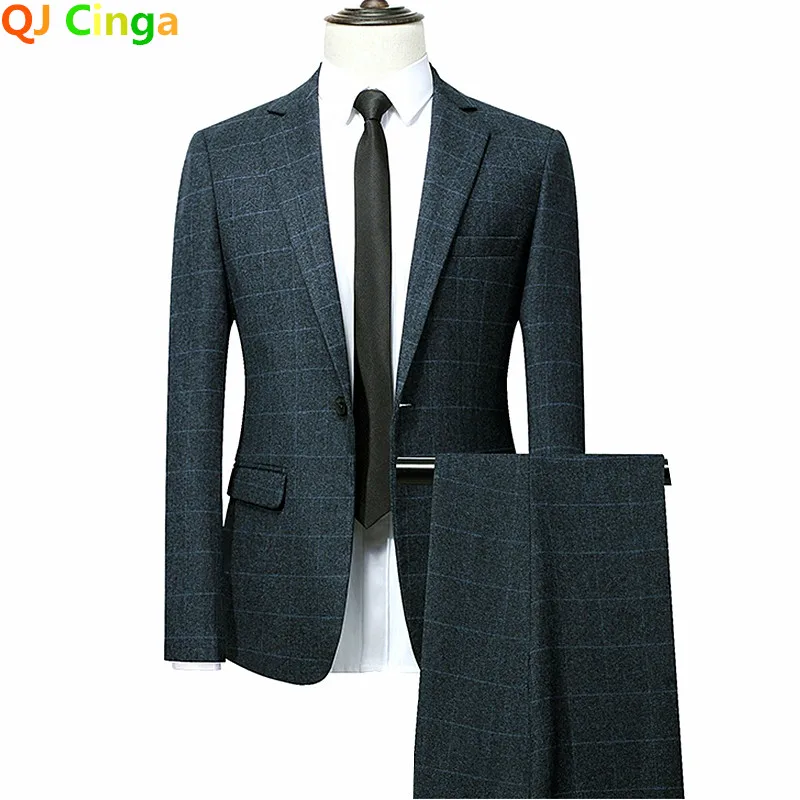 

Navy Blue 2 Piece Suit for Men Single Breasted V-Neck Jacket and Trousers Autumn Winter Terno Masculino Gray Set