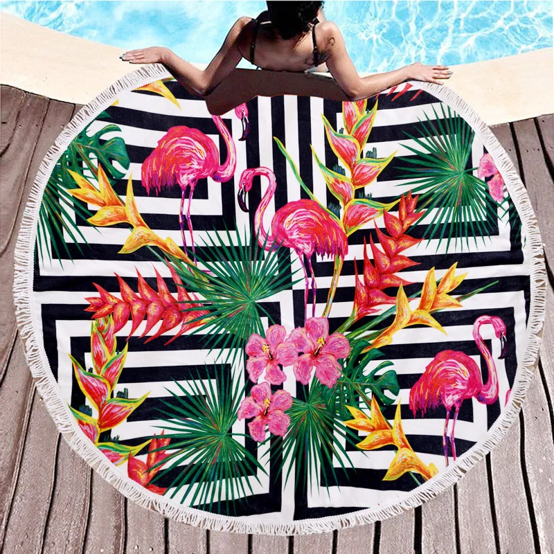 Пляжное полотенце с кисточками Цветочный Фламинго Единорог серии микрофибра