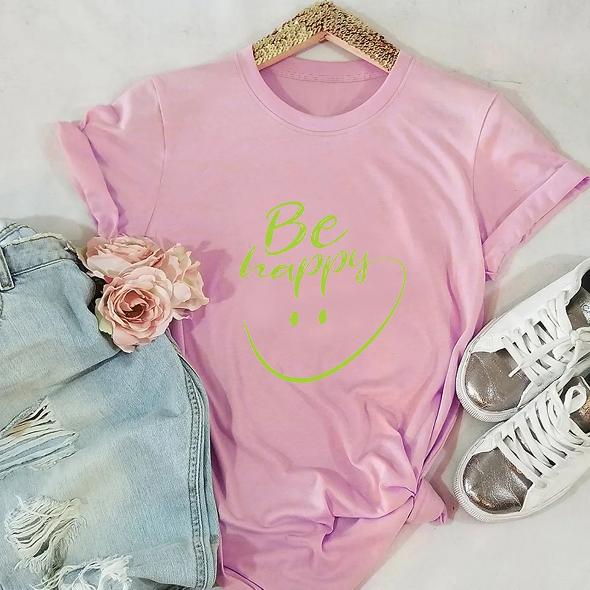 

Summer Cotton T Shirts Female Be Happy Smile Graphic Tees Women Casual Short Sleeve O-Neck Tops Casual Streetwear