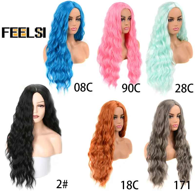 Длинные смешанные черные коричневые оранжевые женские парики FEELSI водные