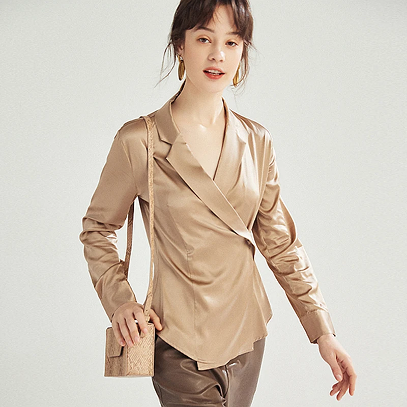 100% Silk Blouse Women Formal Shirt Solid Deep V-Neck Long Sleeves 2 Colors Office Tops Elegant Style New Fashion