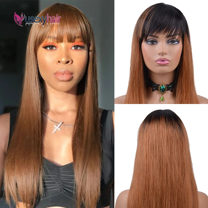 USEXY прямые человеческие волосы парики с челкой Натуральные Прямые бразильские Remy