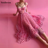 smileven red heart shape prom dresses 2020 spaghetti straps pleated tulle short evening dresses sweetheart a line formal gowns