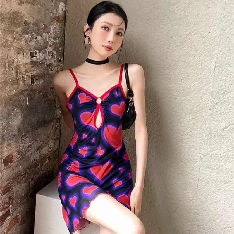 

Vintaget Mesh Spaghetti Strap Dress Women Print Love Slim Thin Neckline Design A-Line Mini Dress Summer Fashion