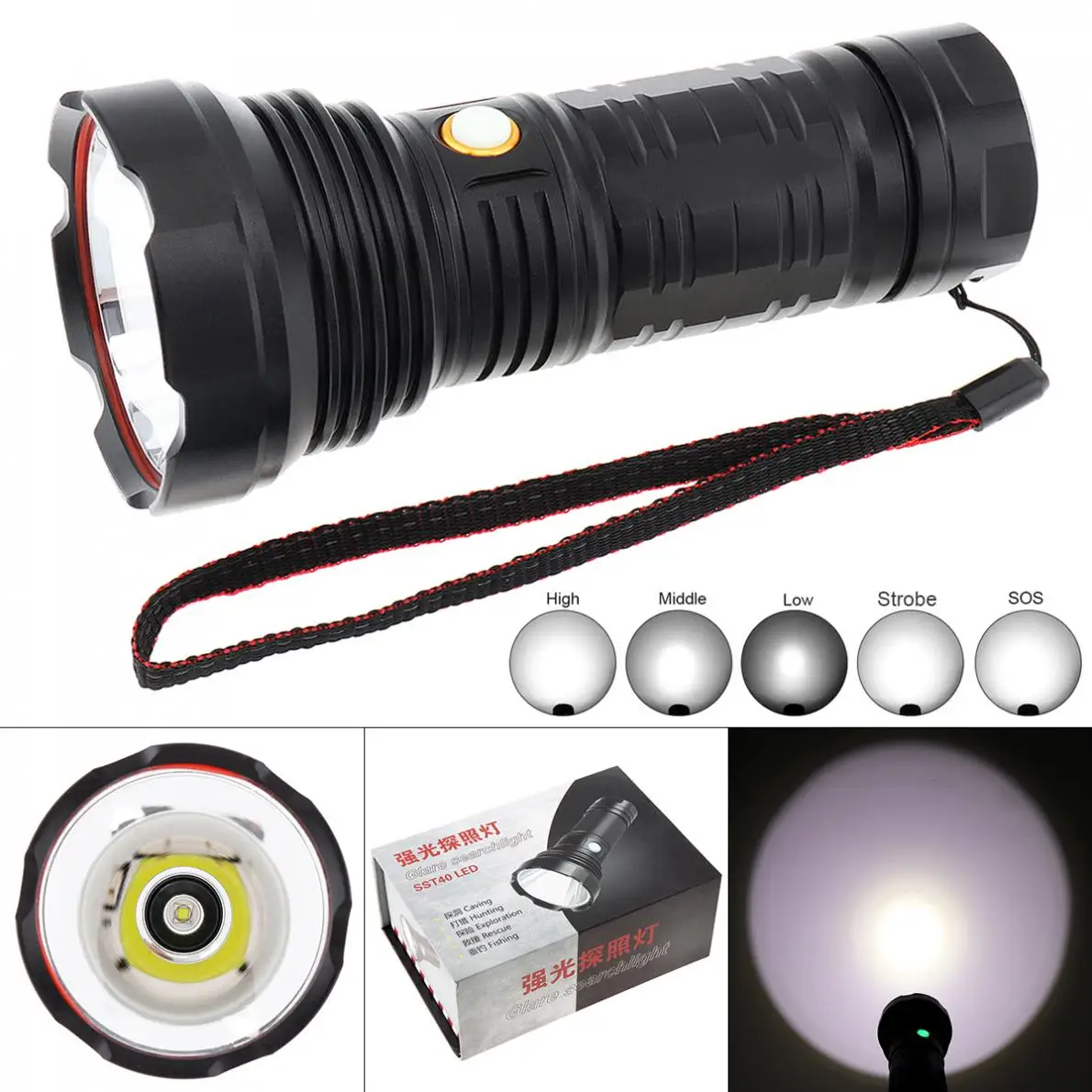 

30W 3000LM Bright XML-L2 LED Flashlight Powerful Torch 6 Modes Waterproof with Rechargeable Battery for Hunting/Patroling/Rescue