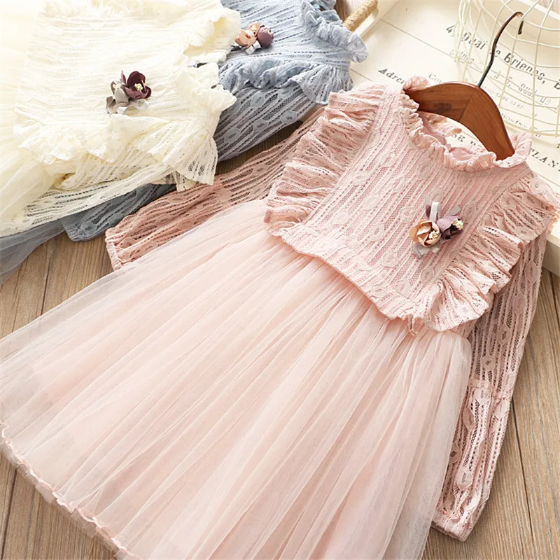 

0-6 years High quality girl dress 2020 autumn new fashion solid cute flower full sleeves children clothing princess girl dresses