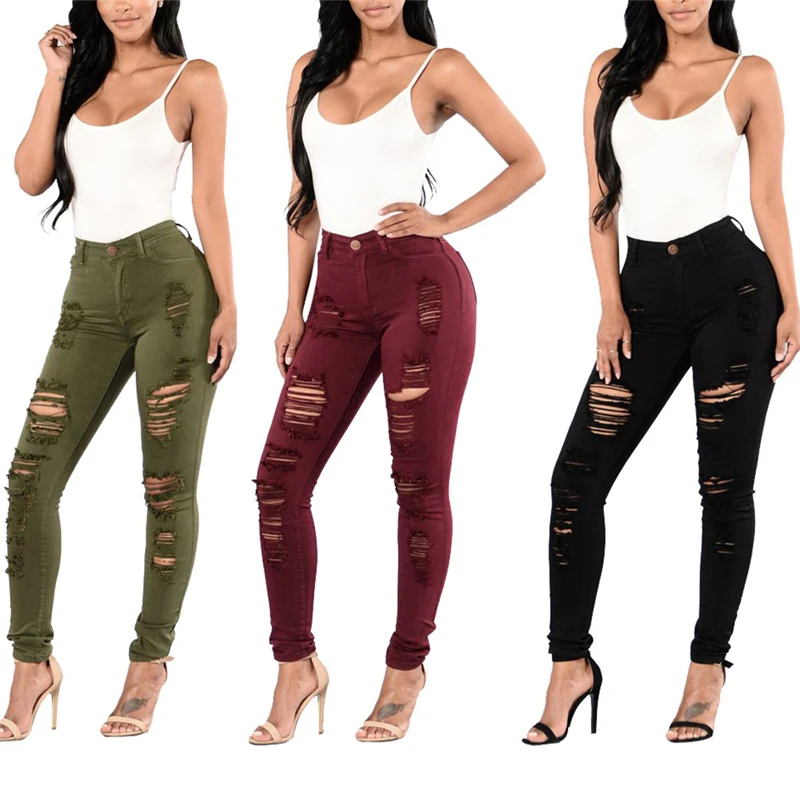 

2019 Distressed Jeans Women Long Stretch Ripped High Waisted Comfy Jeans Skinny Pencil Colored Soft Damage Jeans Denim Pants