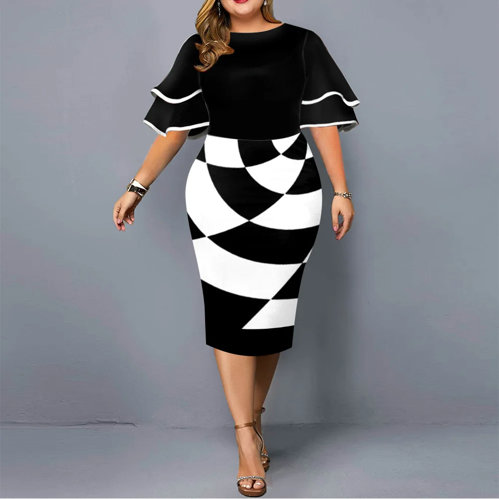 

2022 Women Bodycon Dress Plus Size Evening Party Dress Elegant Geometric Print Layered Bell Sleeve Casual Dresses Club Outfits