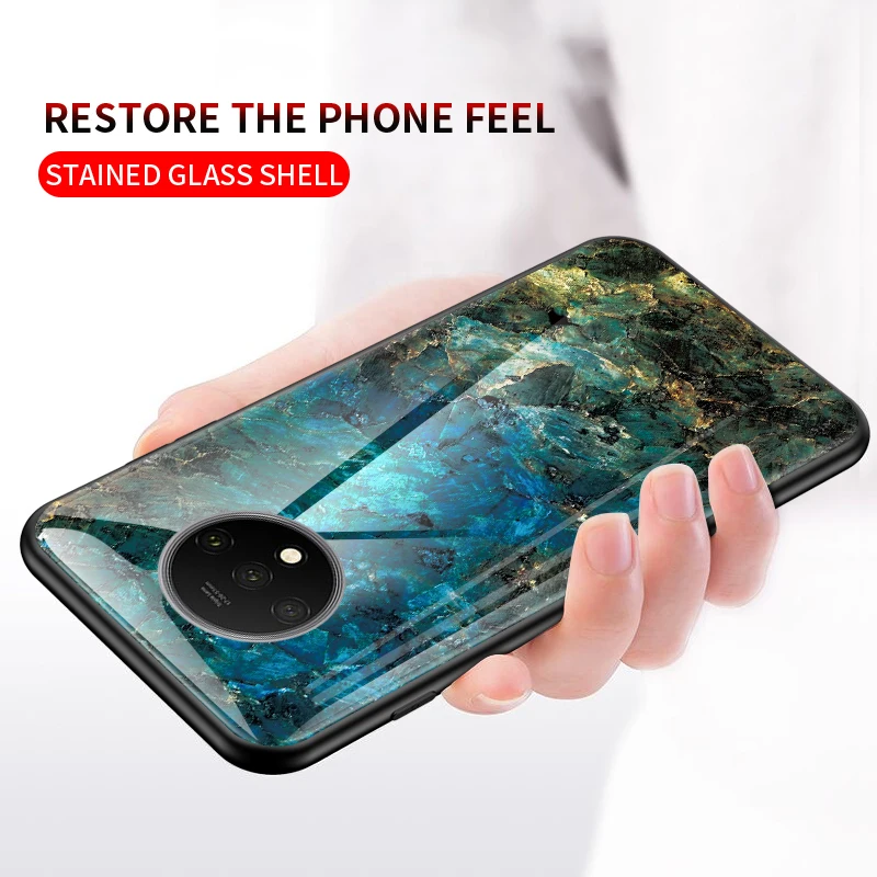 For Oneplus 7T Pro Case Luxury Marble Glass Hybrid Soft Silicone edge Hard Cover Coques |