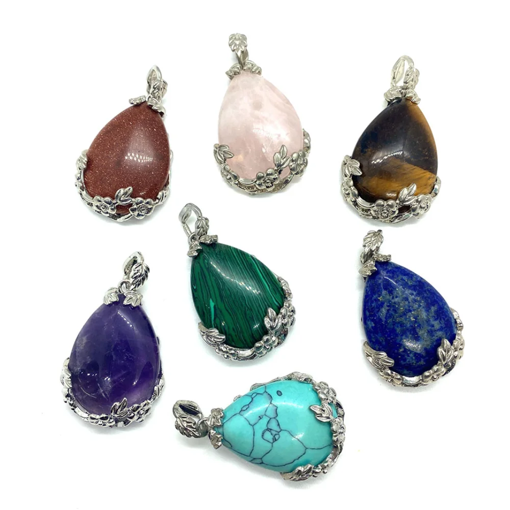 

Lapis Lazuli Natural Stone Necklace Pendant Water Drop Malachite Rose Quartz Blue Pine Charms for Jewelry DIY Making Earrings