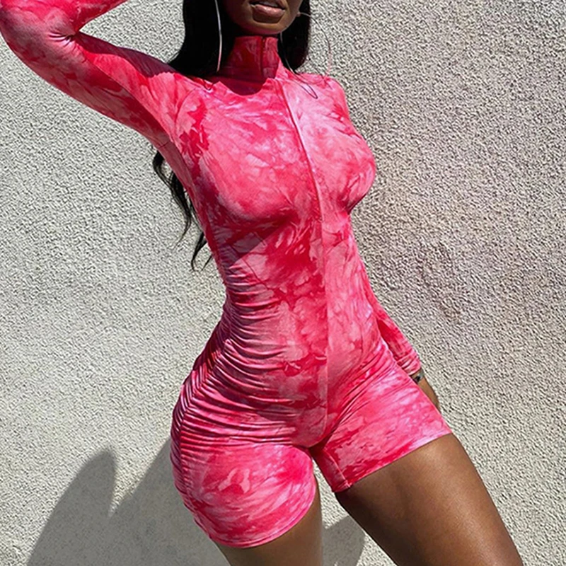 

Skinny Women Zipper Playsuits Sexy Rompers Clubwear Print Full Sleeve Sportwear Turtleneck 2021 Fashion Female Slim Casual
