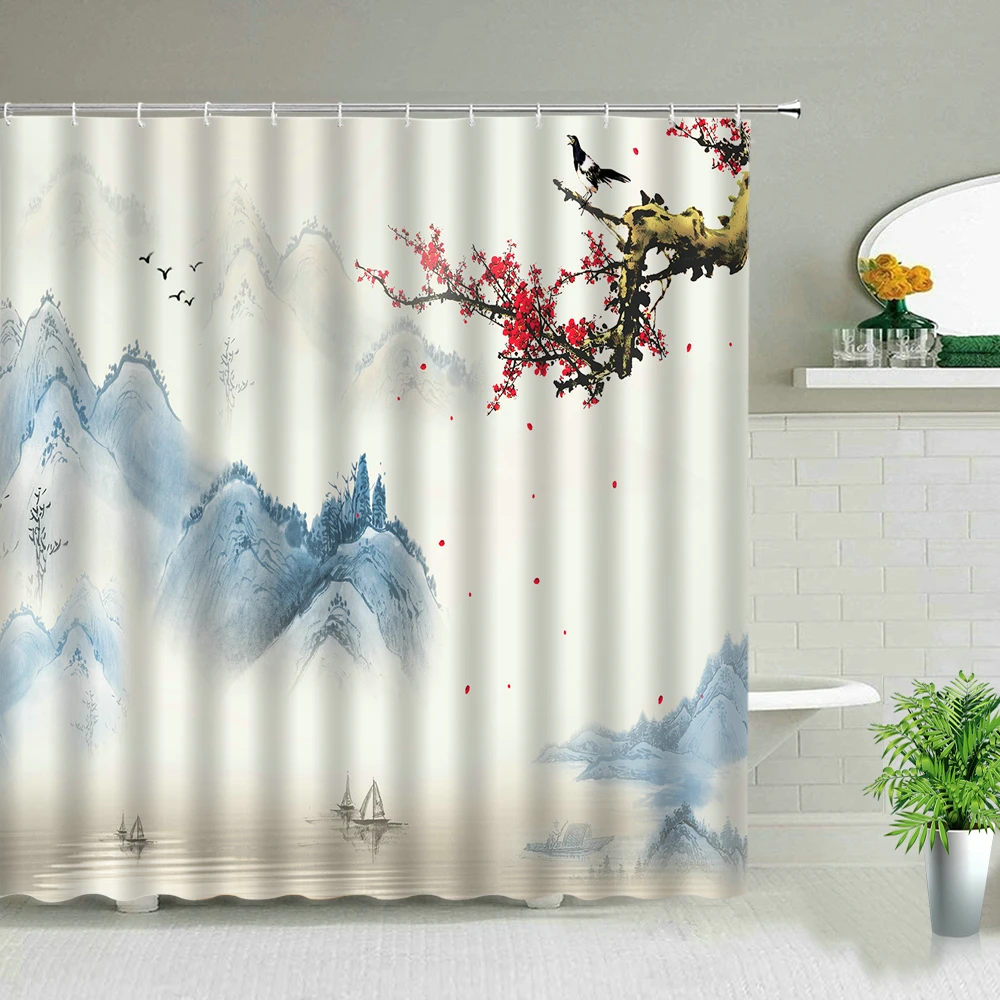 

Занавеска для душа в китайском стиле, водонепроницаемый тканевый Декор для ванной комнаты, с крючками, с цветами, птицами, растениями, ландш...
