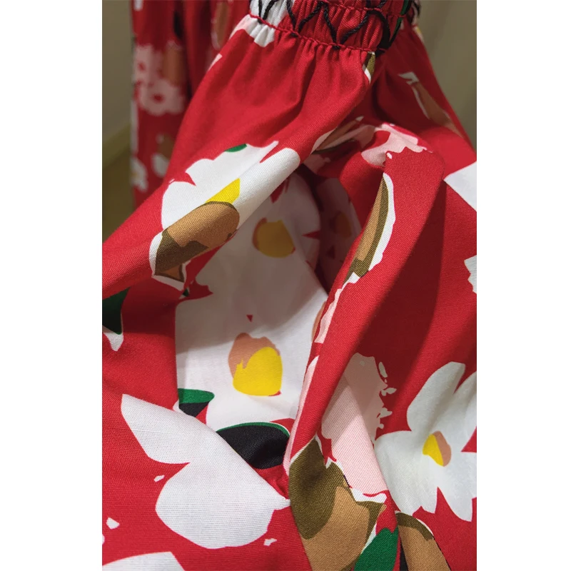 

SEQINYY 97% Cotton Dress Summer Spring New Fashion Design Women Elegant Red Flowers Print Elastic Waist High Quality Slim