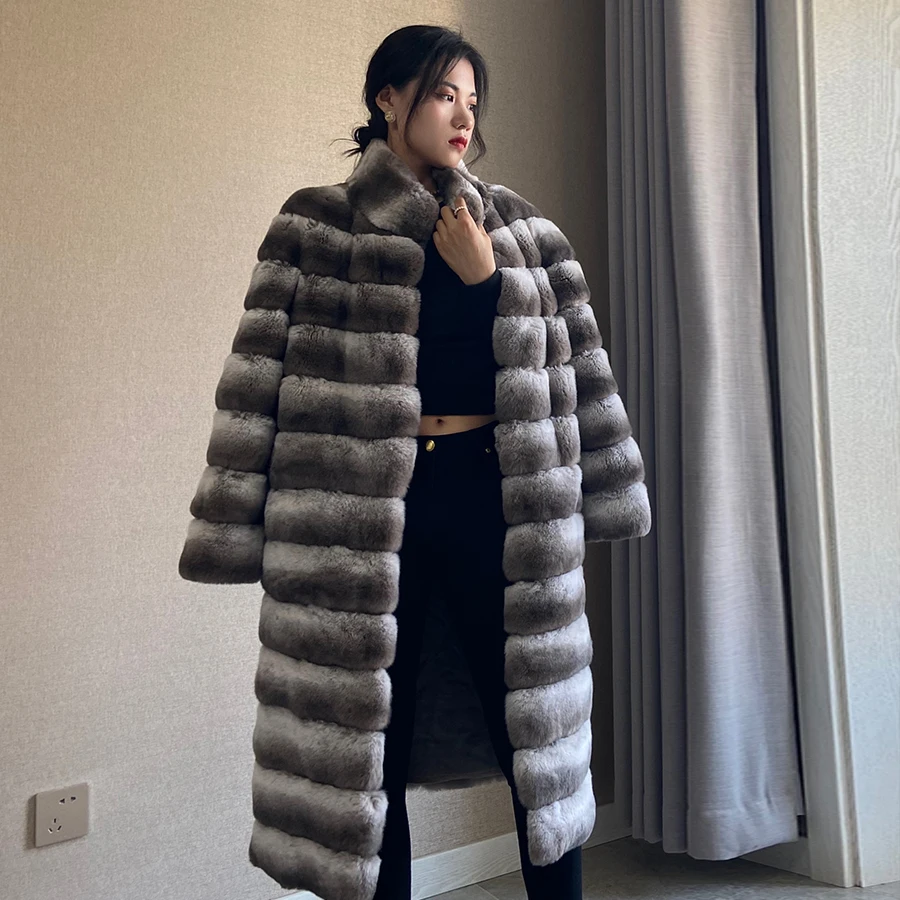 

Pretty Girl Fur Coat Women Real Rex Rabbit Fur Jacket Winter Long Fashion Chinchilla Colored Fur Overcoat 2021 New Arrival