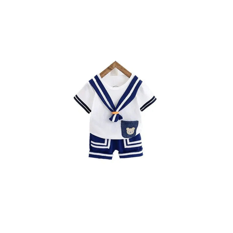 

Summer 2021 Clothing Sets New Korean Children P ullover Navy Tie Shorts Two-Piece for Kids Summer Clothes