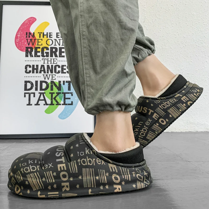 Brand Winter Warm Cotton Slippers Men's Home Shoes Simple Non-Slip Indoor and Outdoor Trend Bread Slippers Waterproof Sandals