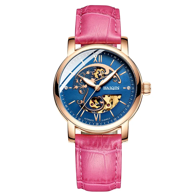 Pink Gold Blue HAIQIN автоматические женские часы лучший бренд класса люкс Женские Механические женские наручные часы кожаные водонепроницаемые часы Relogio Feminino - Цвет: Pink Gold Blue