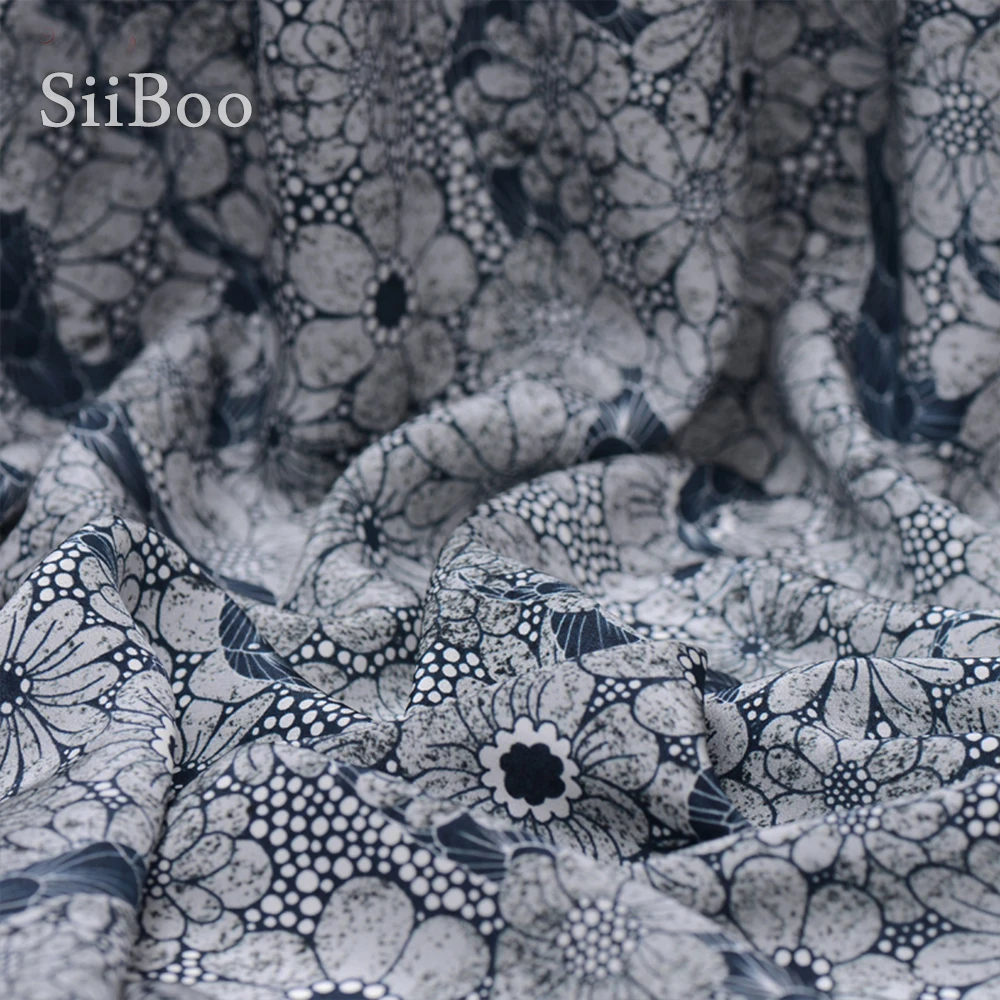 Винтажная синяя ткань с цветочным принтом из 100% шелка крепдешина для платья