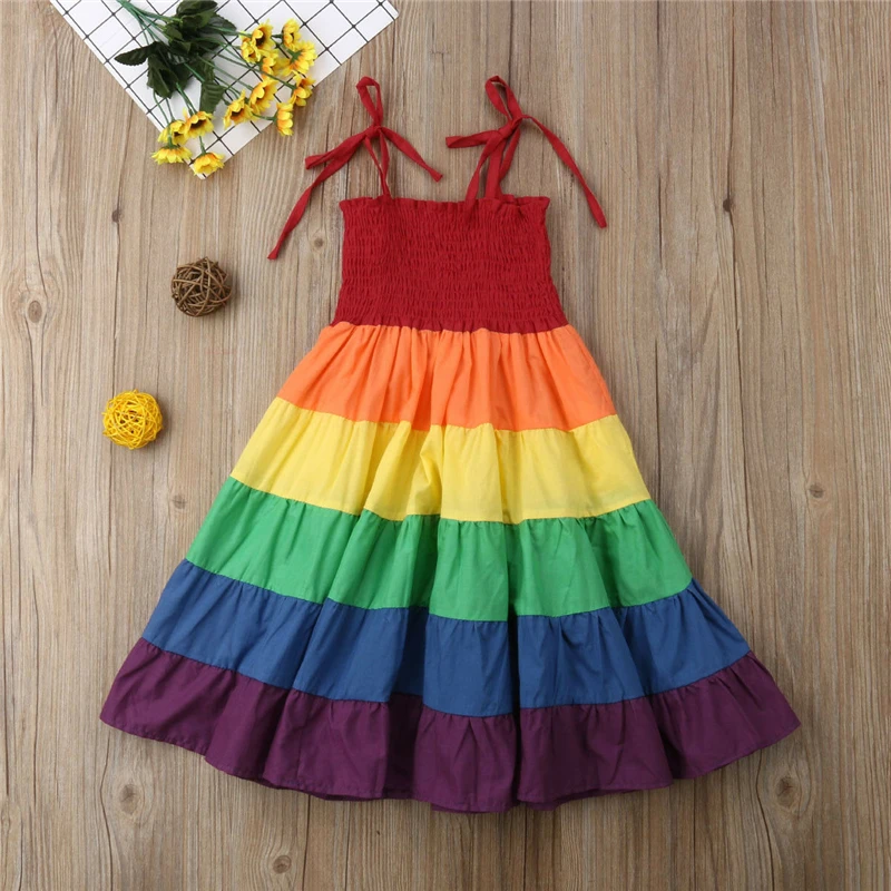 

2-7 Years Baby Girl Rainbow Pageant Party Princess Dress Kid Sundress Toddler Colorful Clothes Tutu Dresses