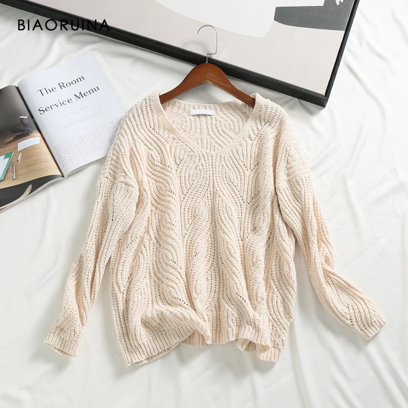 BIAORUINA Женский Одноцветный трикотажный свитер из синели женский милый пуловер с