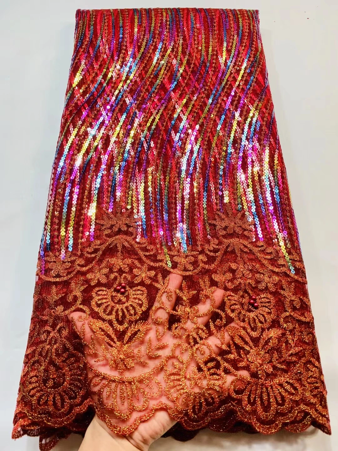 

red embroidery nigerian milk fiber lace french tulle fabric embroidery with sequins and beads african net lace fabrics