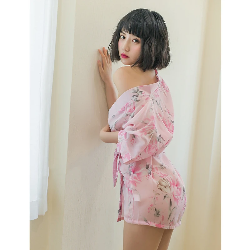 

Sexy Pajamas Woman Japanese Style Chiffon Embroidery Printing Casual Cardigan Yukata Ladies Kimono See-through Nightgown Sets