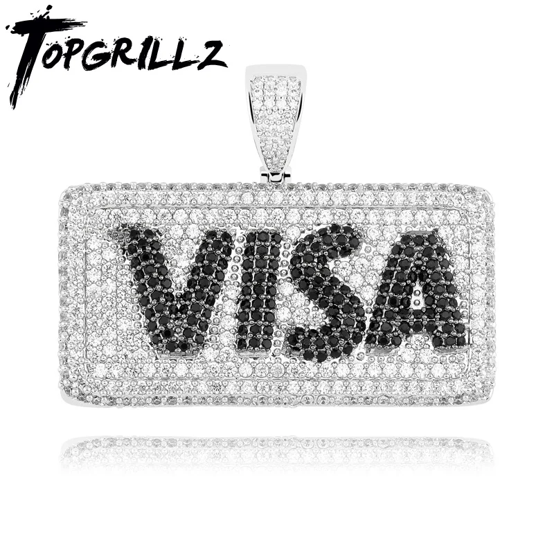 

TOPGRILLZ Hip Hop Micro Pave Cubic Zircon Bling Ice Out VISA Credit Gold Card Square Pendants Necklaces for Men Rapper Jewelry