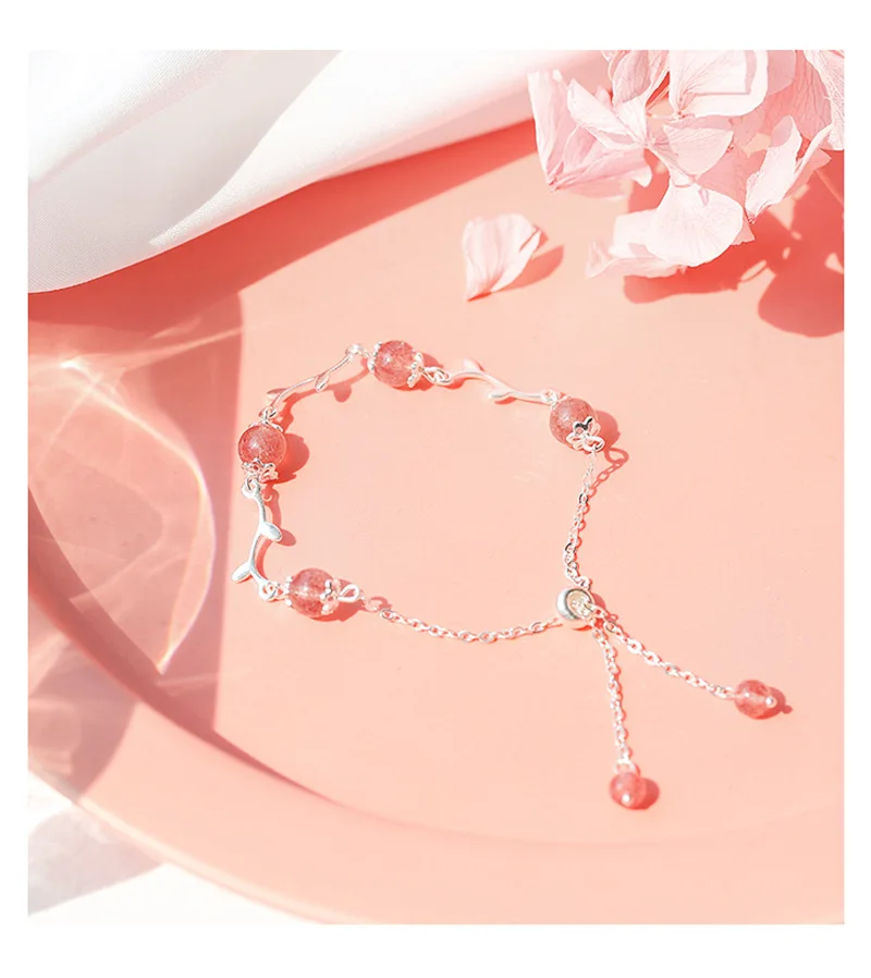

S925 sterling silver flower branch strawberry crystal ladies bracelet temperament simple pink crystal bracelet 11-S0003