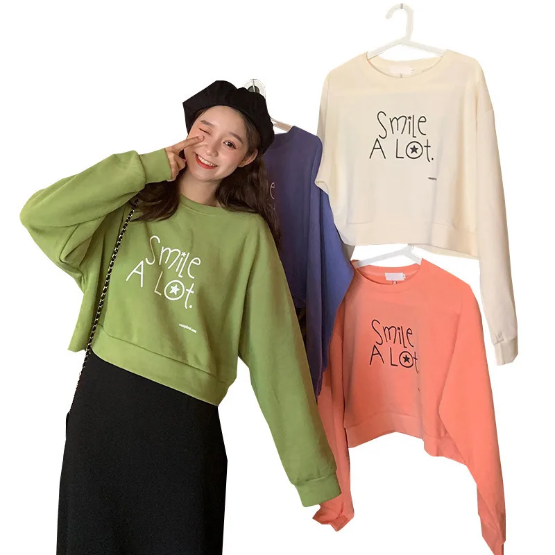 

Cotton thin round-necked women's 2021 autumn dress new Korean of loose-fitting large-code print student short jacket