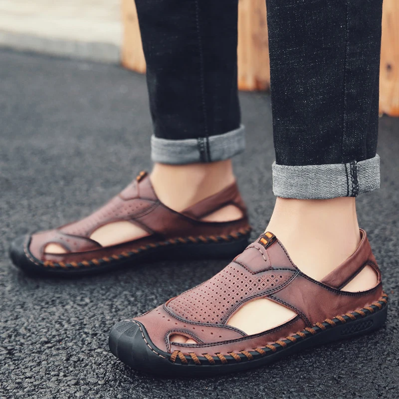 Мужские кожаные сандалии с перфорацией коричневые повседневные из дышащей кожи