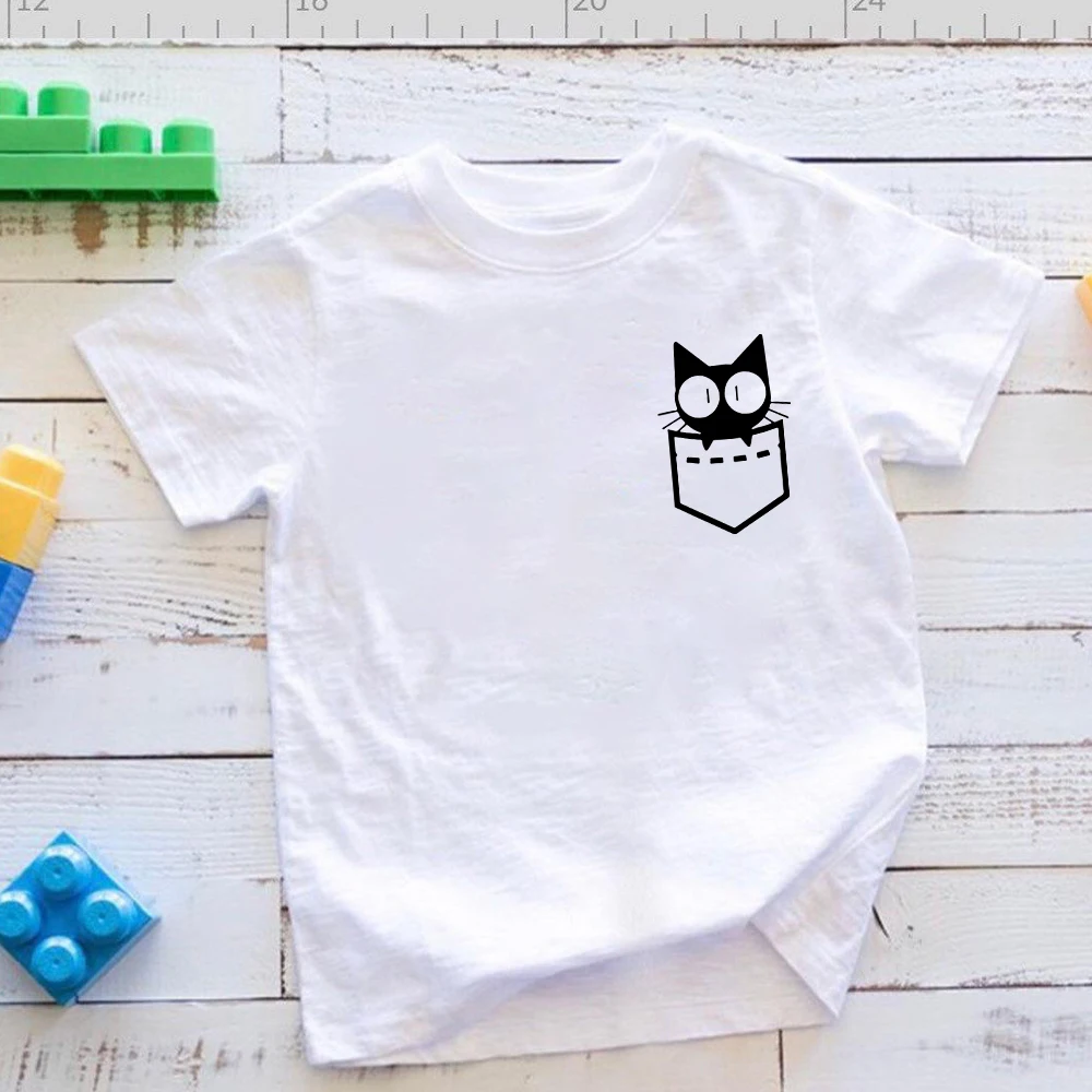 

Child Summer New Outdoor Casual Clothing Pocket Cat Print Creative Fashion Tshirt Baby Boys Girls O-neck Loose Top Camiseta