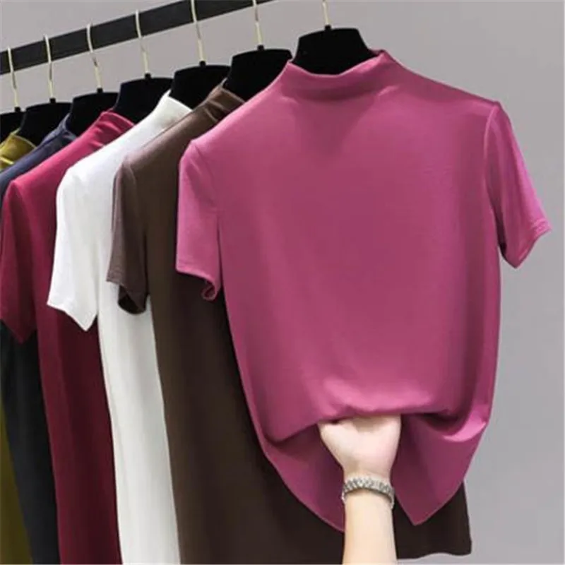 

2021 New Summer fashion T-shirts cotton slim knitting shirt Turtleneck Short sleeve tops M-2XL Black red white blue