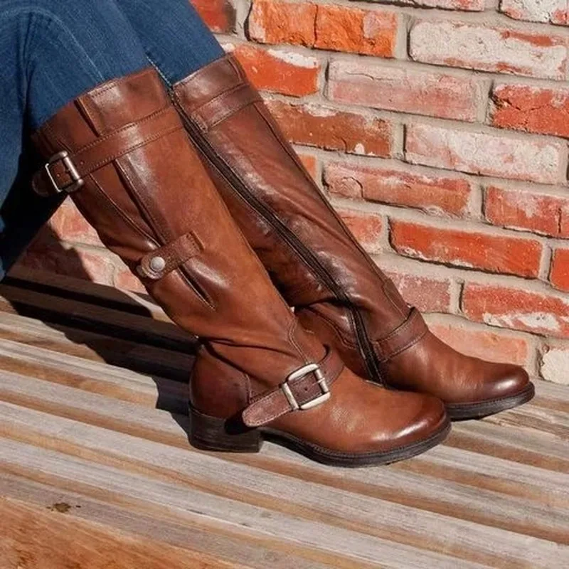 Женские сапоги до колена Туфли гладиаторы на не сужающемся книзу массивном низком каблуке Ботинки в