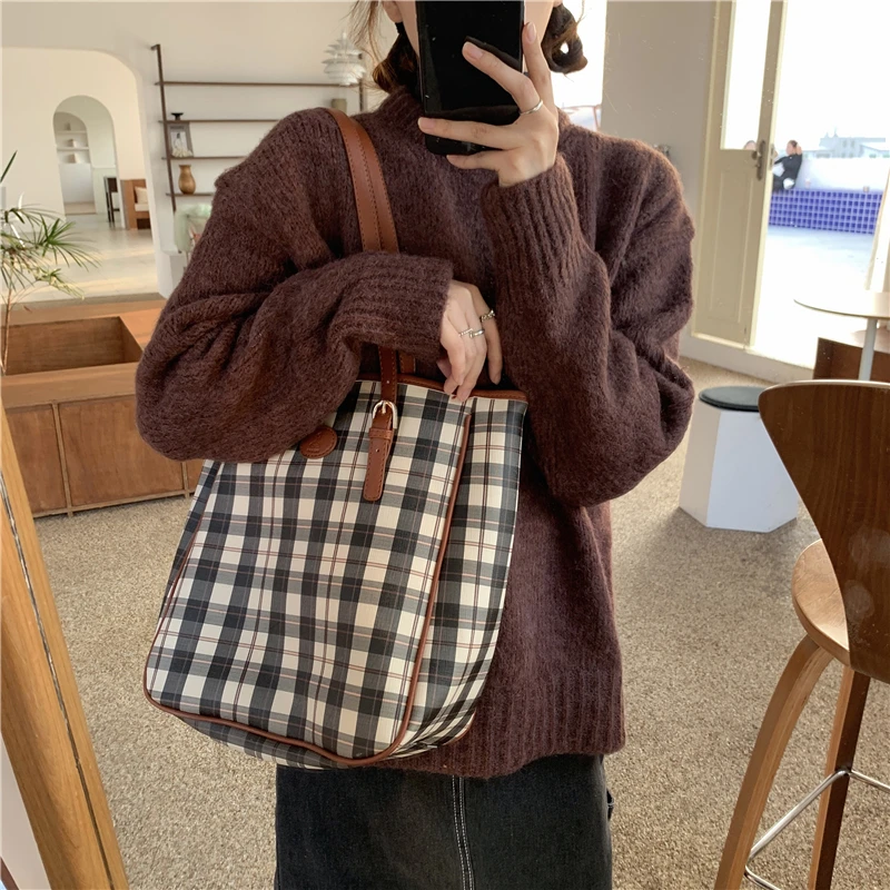 

Vintage Plaid Women Shoulder Bag Winter Fashion PU Leather Ladies Top Handle Casual Tote Large Capacity Female Purse Handbags