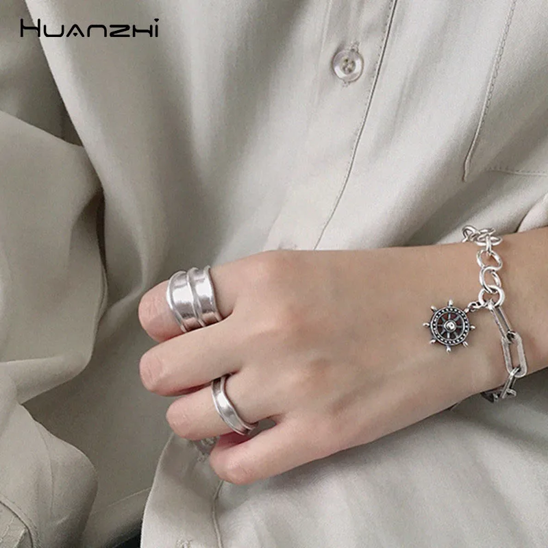 HUANZHI корейский Серебряный Цвет Винтаж Круг геометрический Панк Широкий двойной