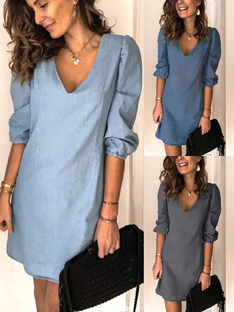 

2021 Women Spring Autumn Solid Color Casual Slim Mini Dress V-Neck medium SleeveFashion Short Dress